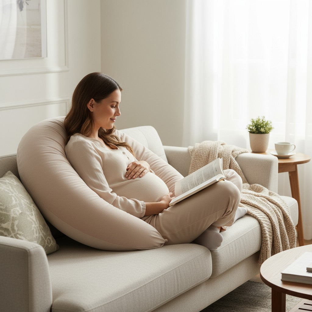 Coussin de grossesse et d’allaitement en C – coton bio beige foncé